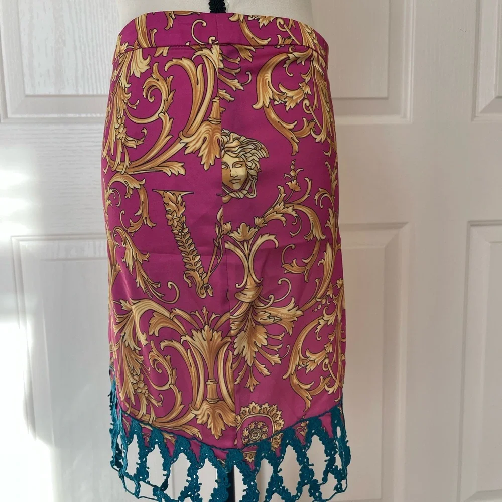 Versace Pink and Gold Baroque Mini Skirt with Blue Fringe - Picture 5 of 9
